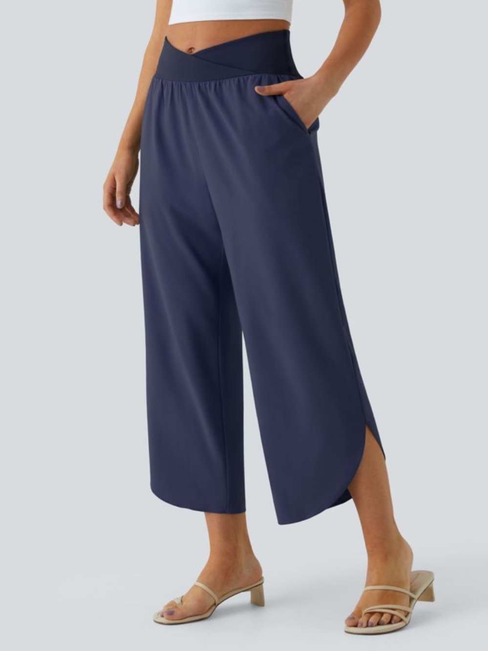 HALARA Navy Wide-Leg Cropped Pants with Crossover Waist #97